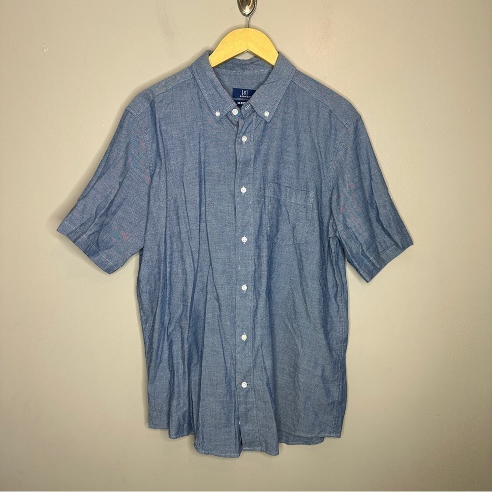 George classic fit denim look short sleeve cotton button down shirt